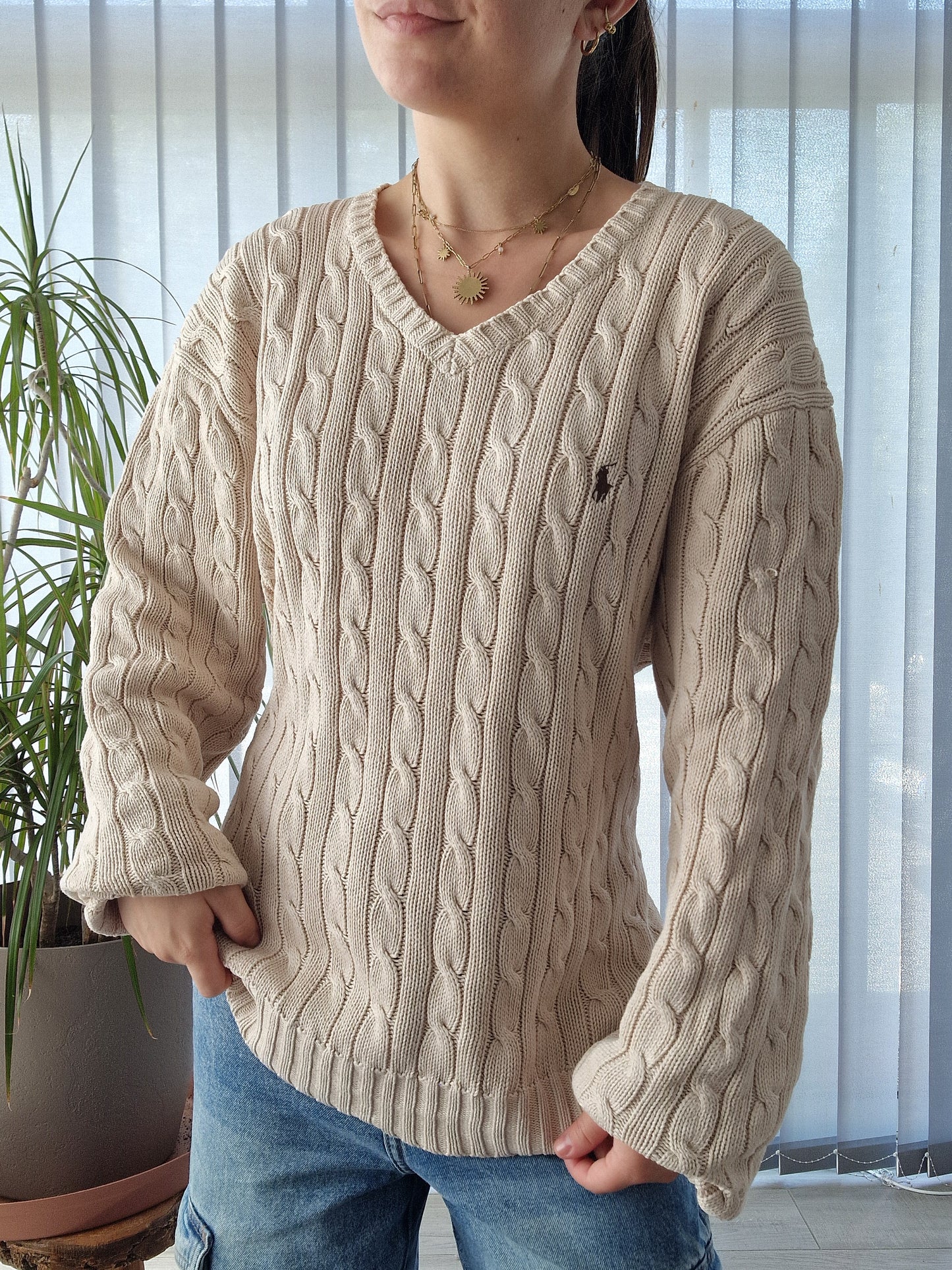 Pull col V en maille torsadée crème - L/40