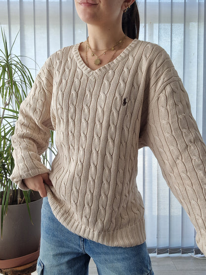 Pull col V en maille torsadée crème - L/40