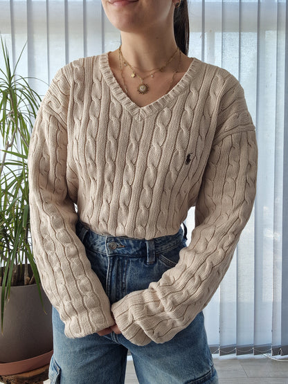 Pull col V en maille torsadée crème - L/40