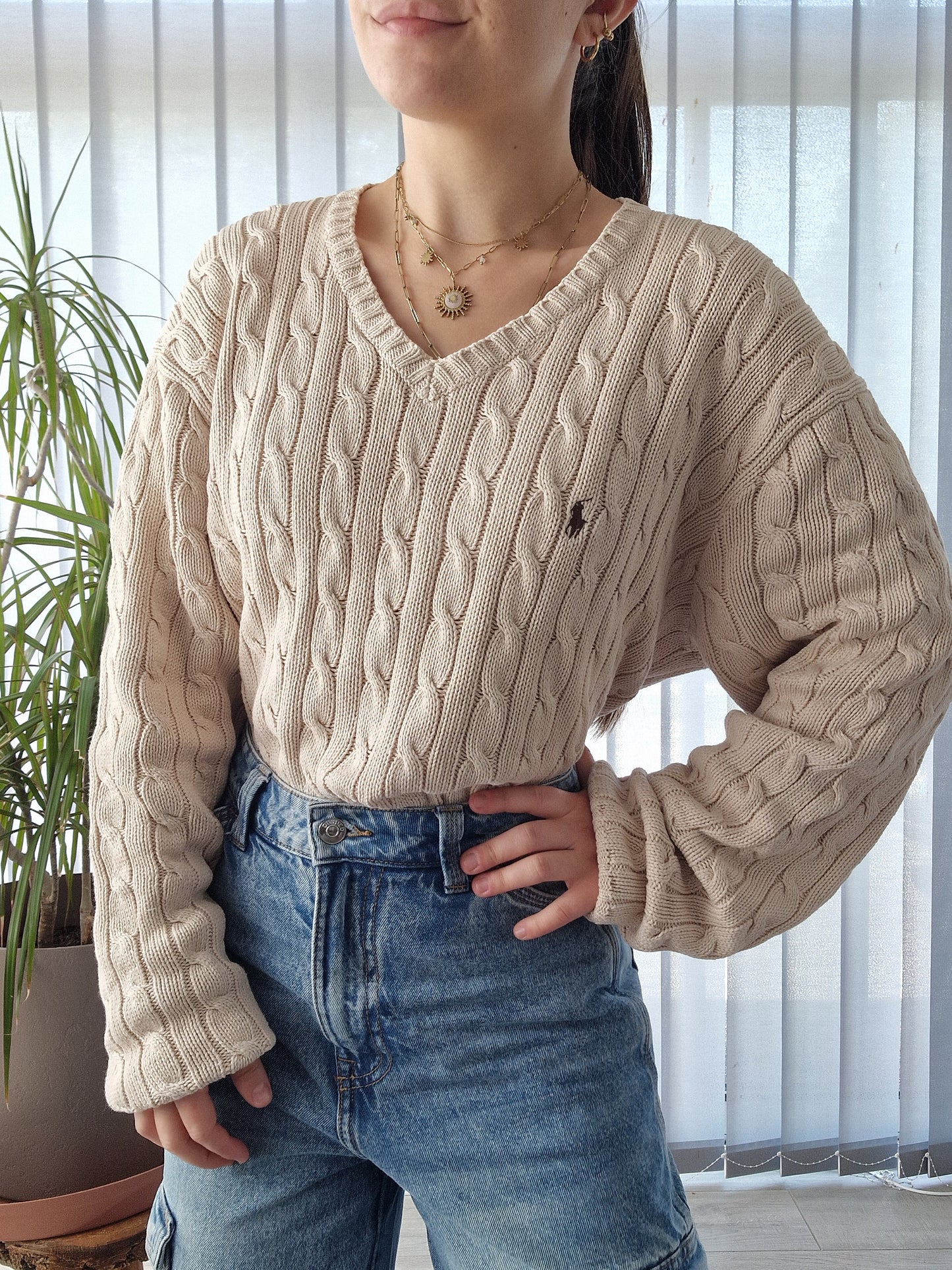 Pull col V en maille torsadée crème - L/40