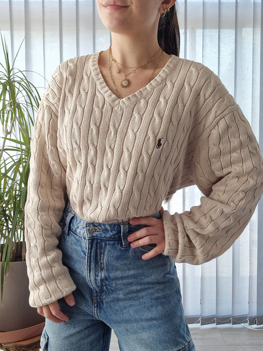 Pull col V en maille torsadée crème - L/40