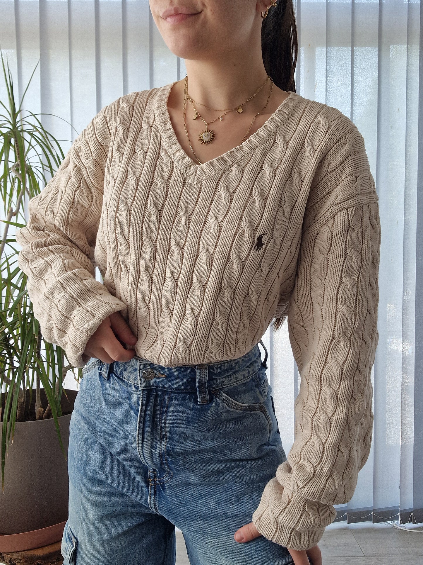 Pull col V en maille torsadée crème - L/40