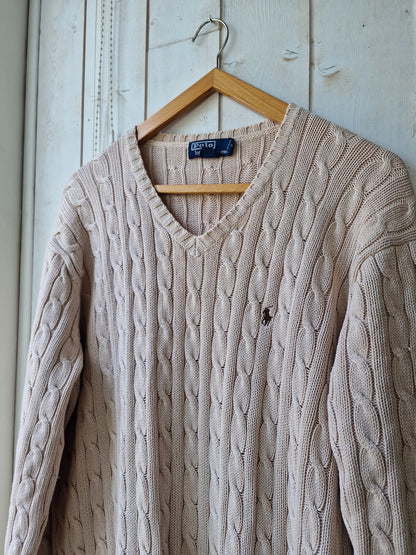 Pull col V en maille torsadée crème - L/40