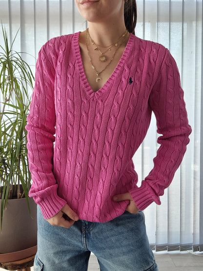 Pull col V en maille torsadée rose fushia - M/38