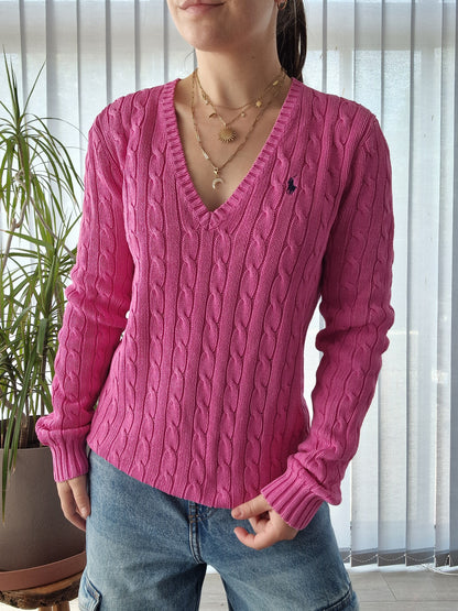 Pull col V en maille torsadée rose fushia - M/38