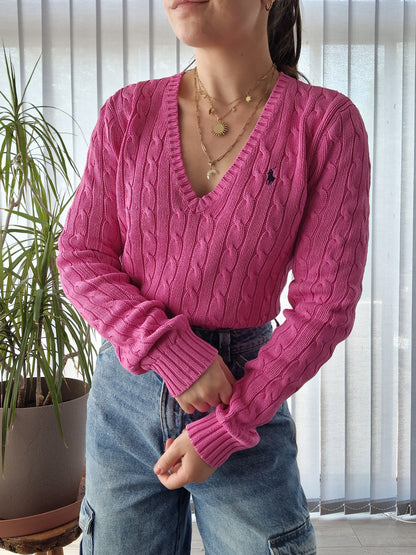 Pull col V en maille torsadée rose fushia - M/38