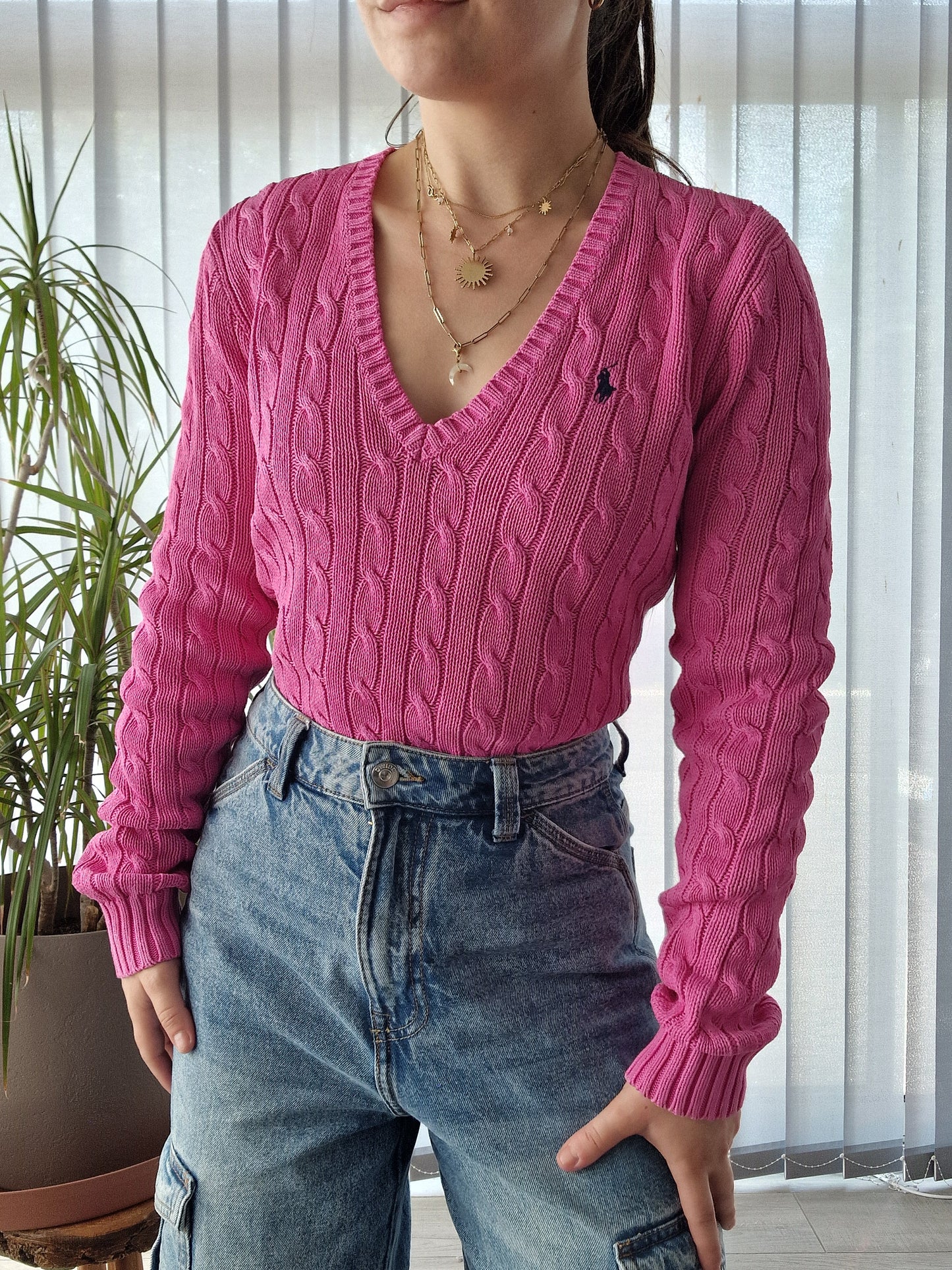 Pull col V en maille torsadée rose fushia - M/38