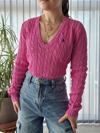 Pull col V en maille torsadée rose fushia - M/38