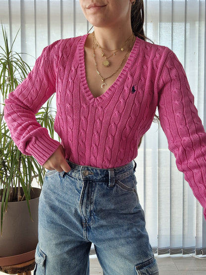 Pull col V en maille torsadée rose fushia - M/38