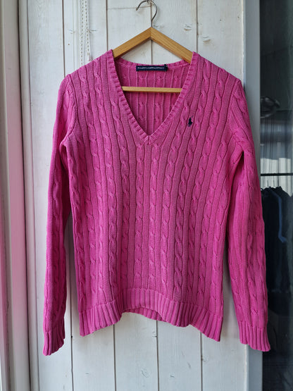 Pull col V en maille torsadée rose fushia - M/38