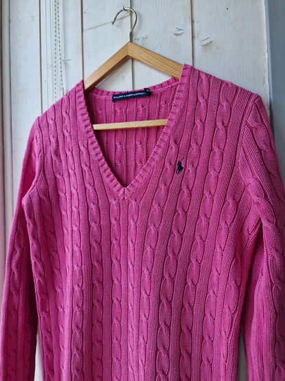 Pull col V en maille torsadée rose fushia - M/38