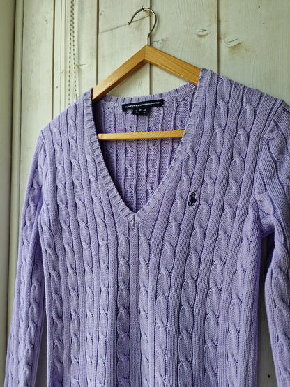 Pull col V en maille torsadée lila - S/36