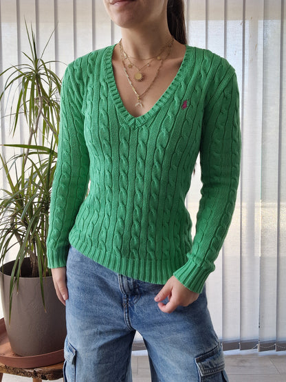 Pull col V en maille torsadée vert - XS/34