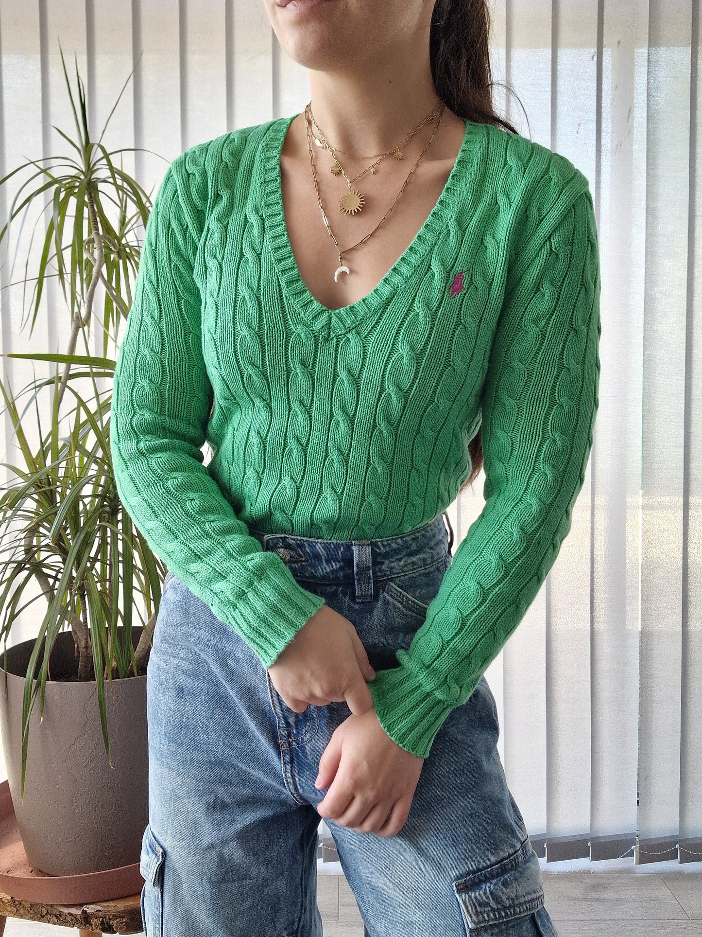 Pull col V en maille torsadée vert - XS/34