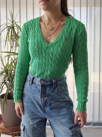 Pull col V en maille torsadée vert - XS/34