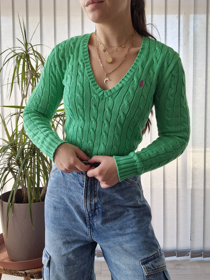 Pull col V en maille torsadée vert - XS/34