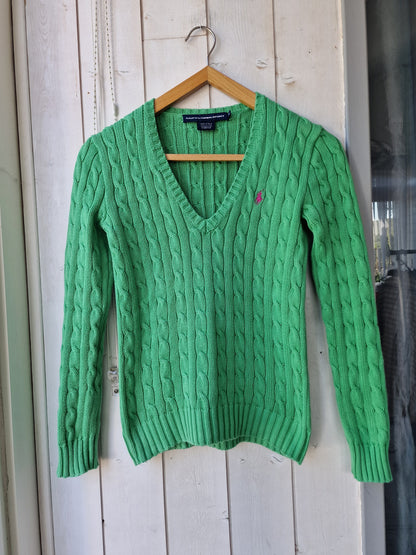 Pull col V en maille torsadée vert - XS/34