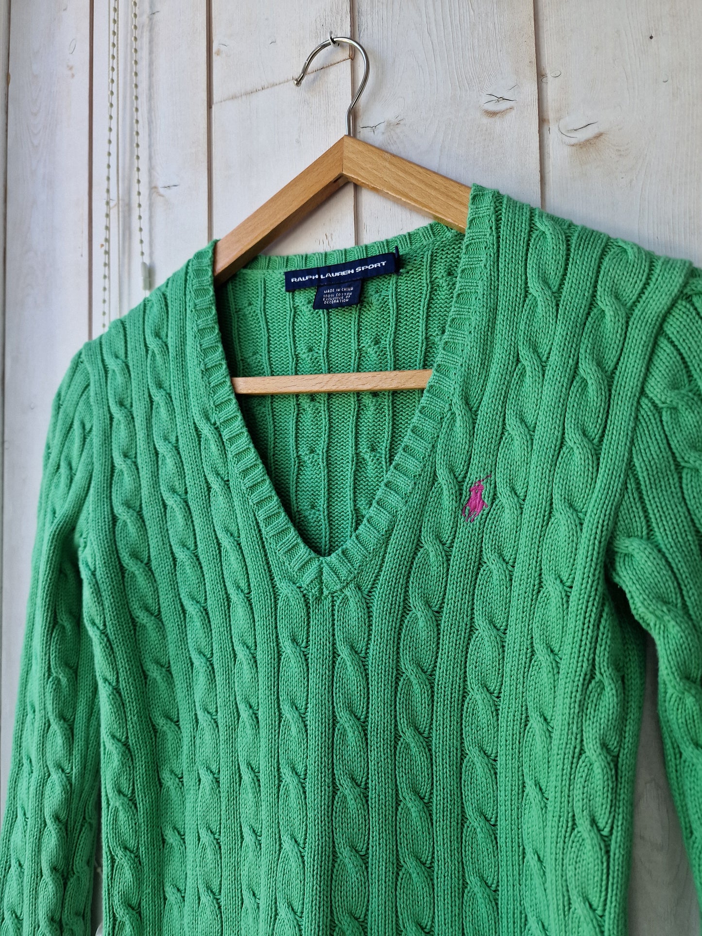 Pull col V en maille torsadée vert - XS/34