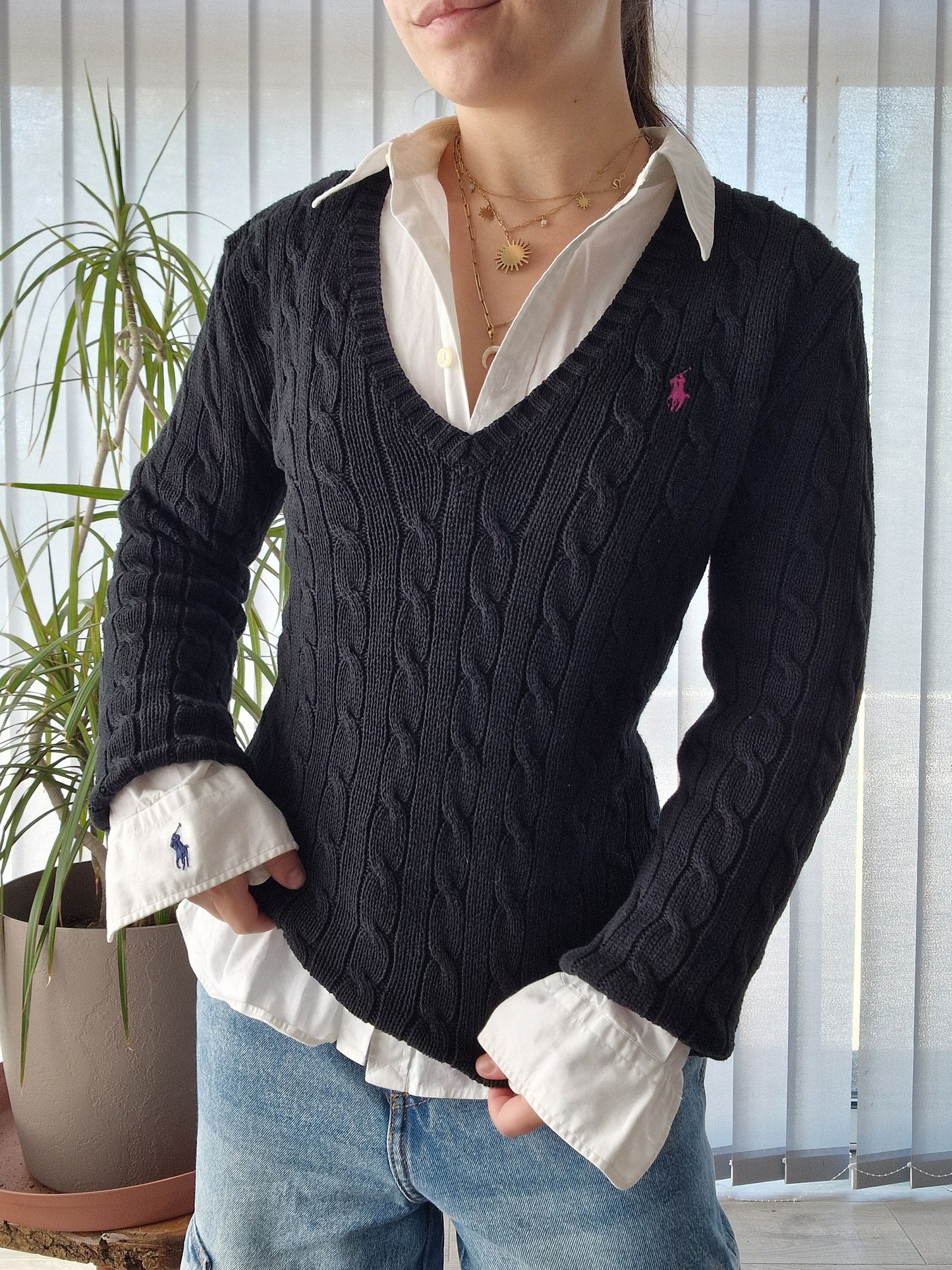 Pull col V en maille torsadée noire - M/38