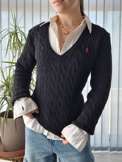 Pull col V en maille torsadée noire - M/38