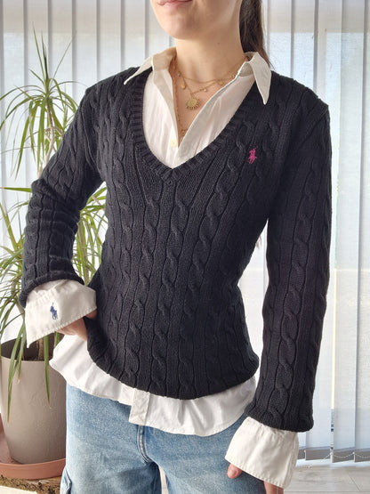 Pull col V en maille torsadée noire - M/38