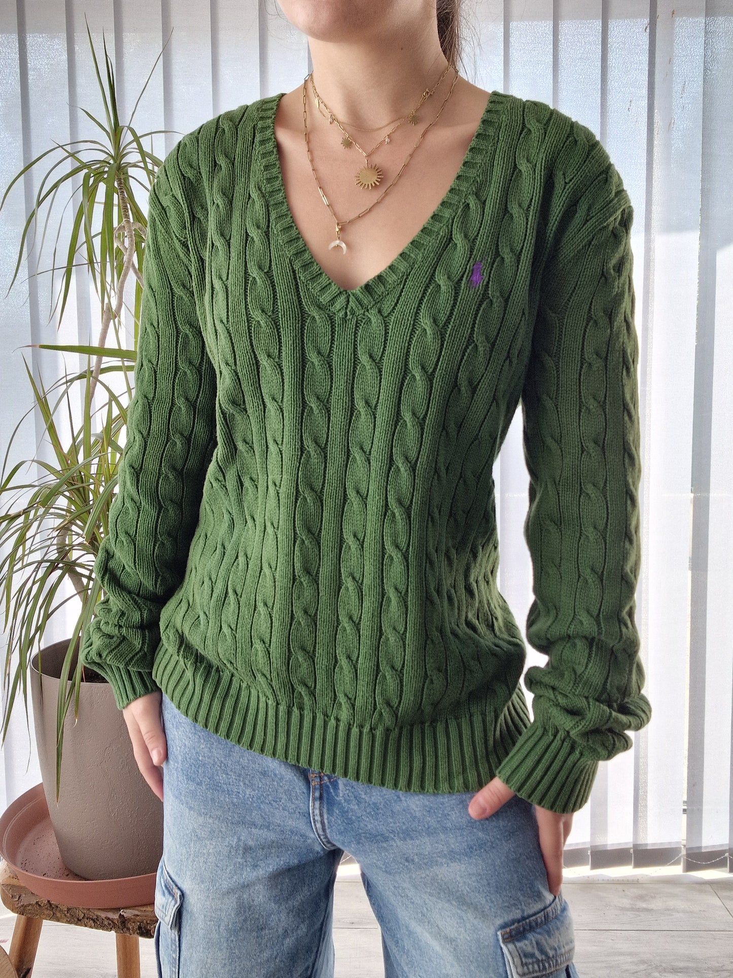 Pull col V en maille torsadée vert - L/XL