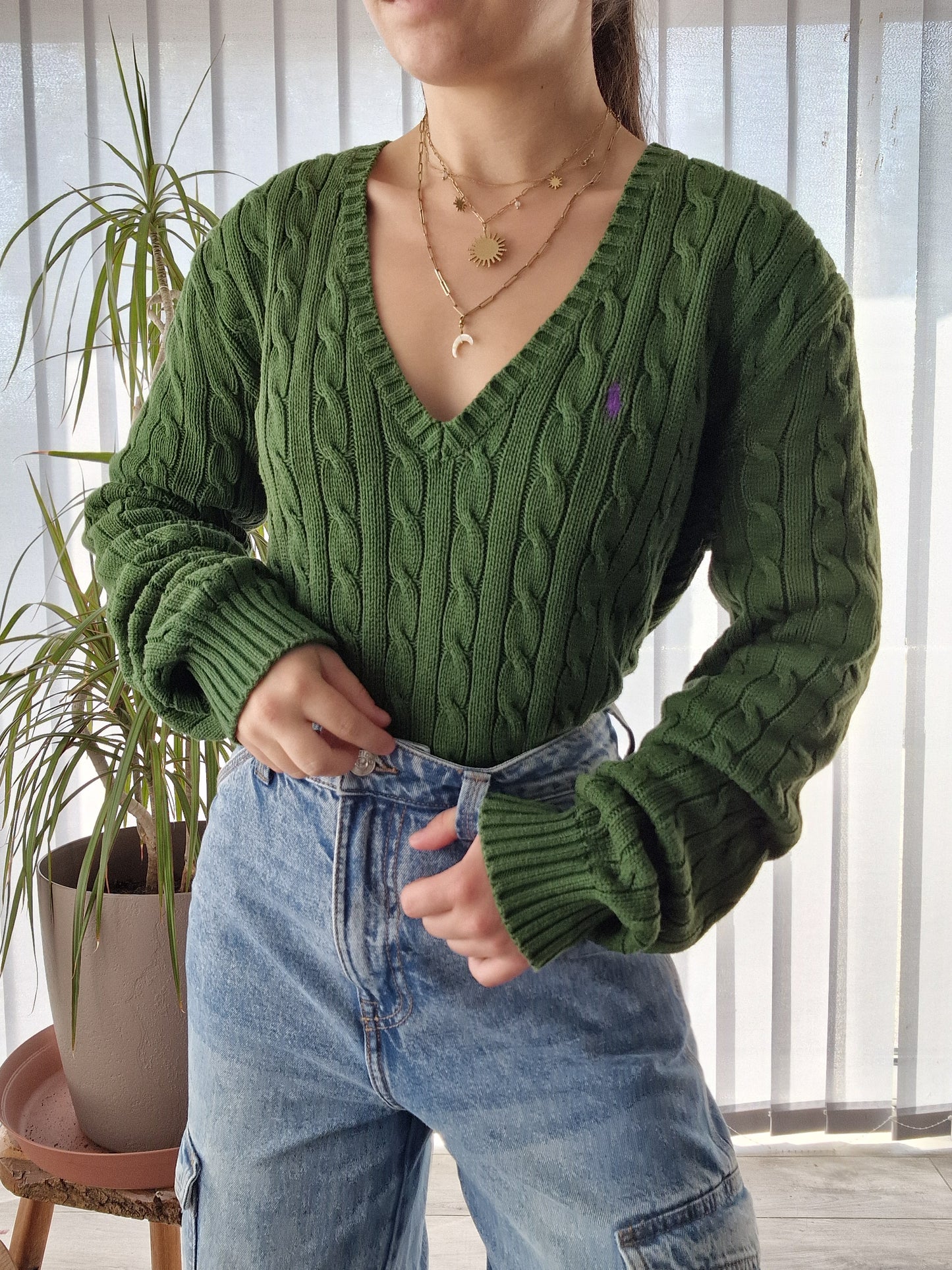 Pull col V en maille torsadée vert - L/XL