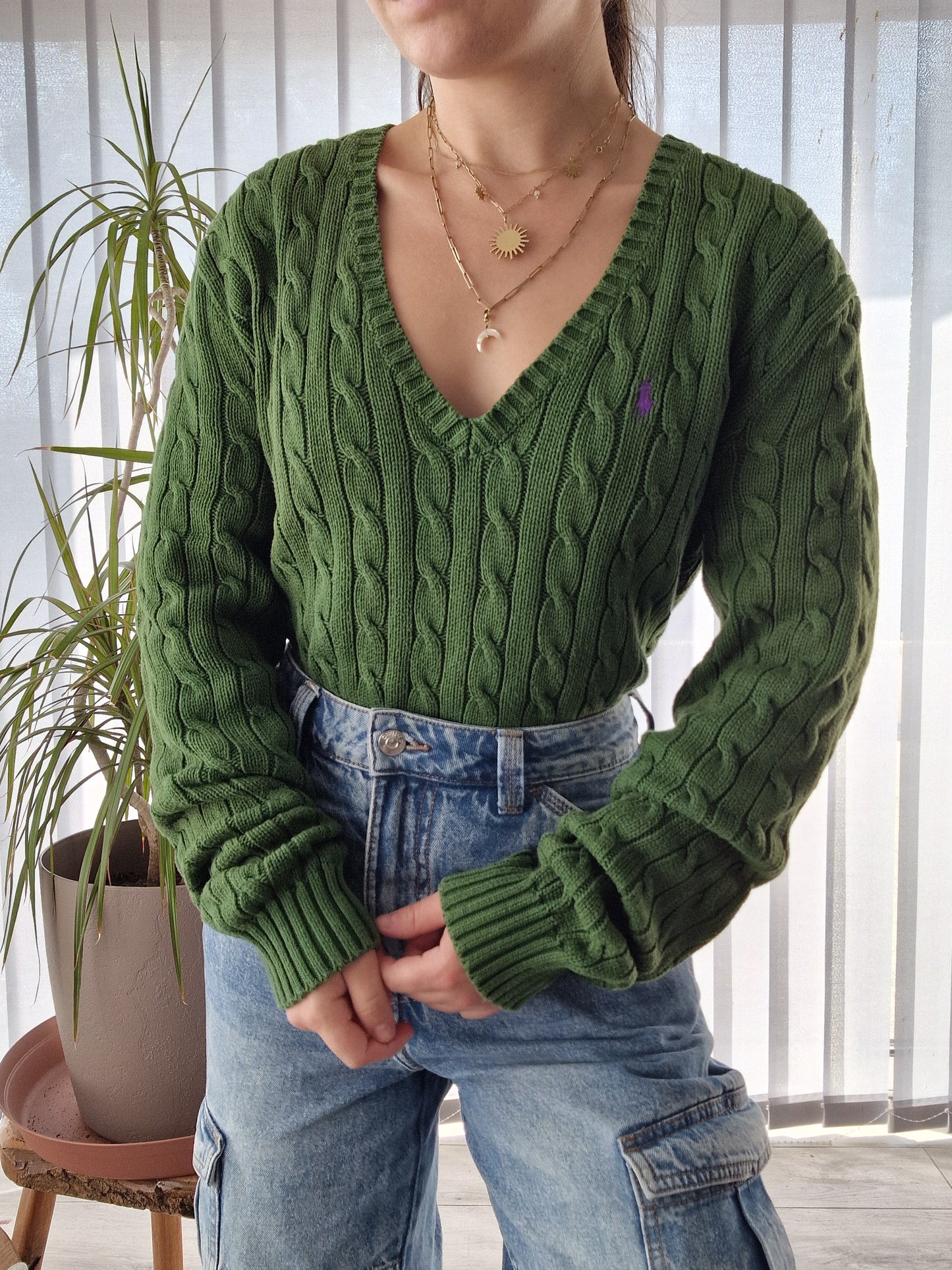 Pull col V en maille torsadée vert - L/XL