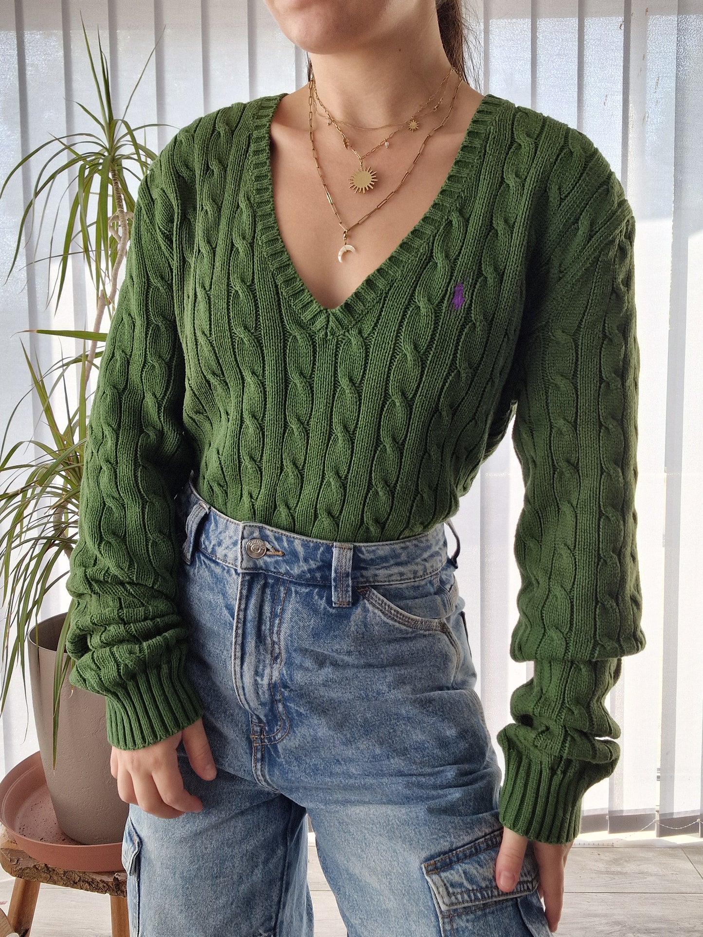 Pull col V en maille torsadée vert - L/XL