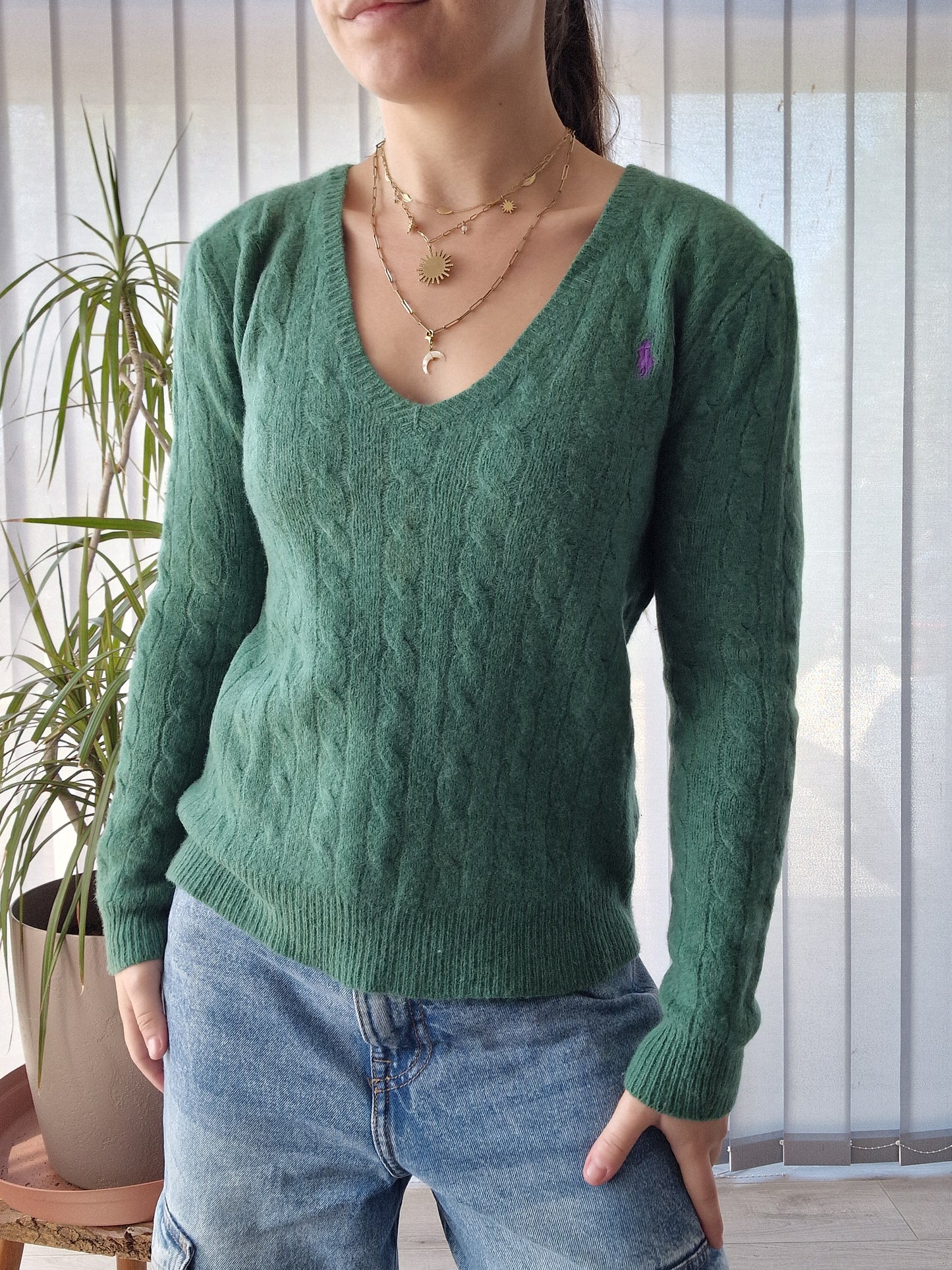 Pull col V en maille torsadée vert - XS/34