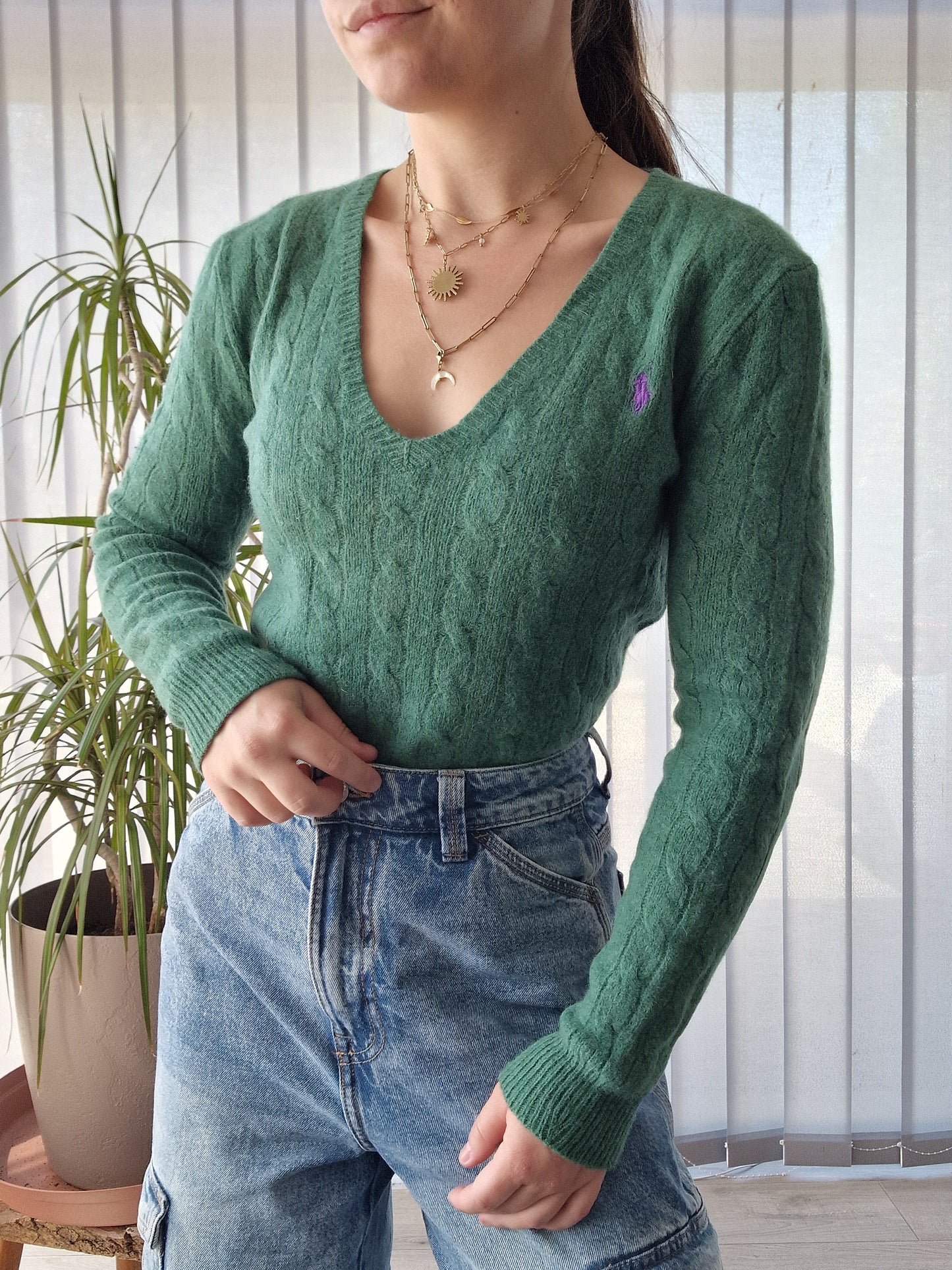 Pull col V en maille torsadée vert - XS/34