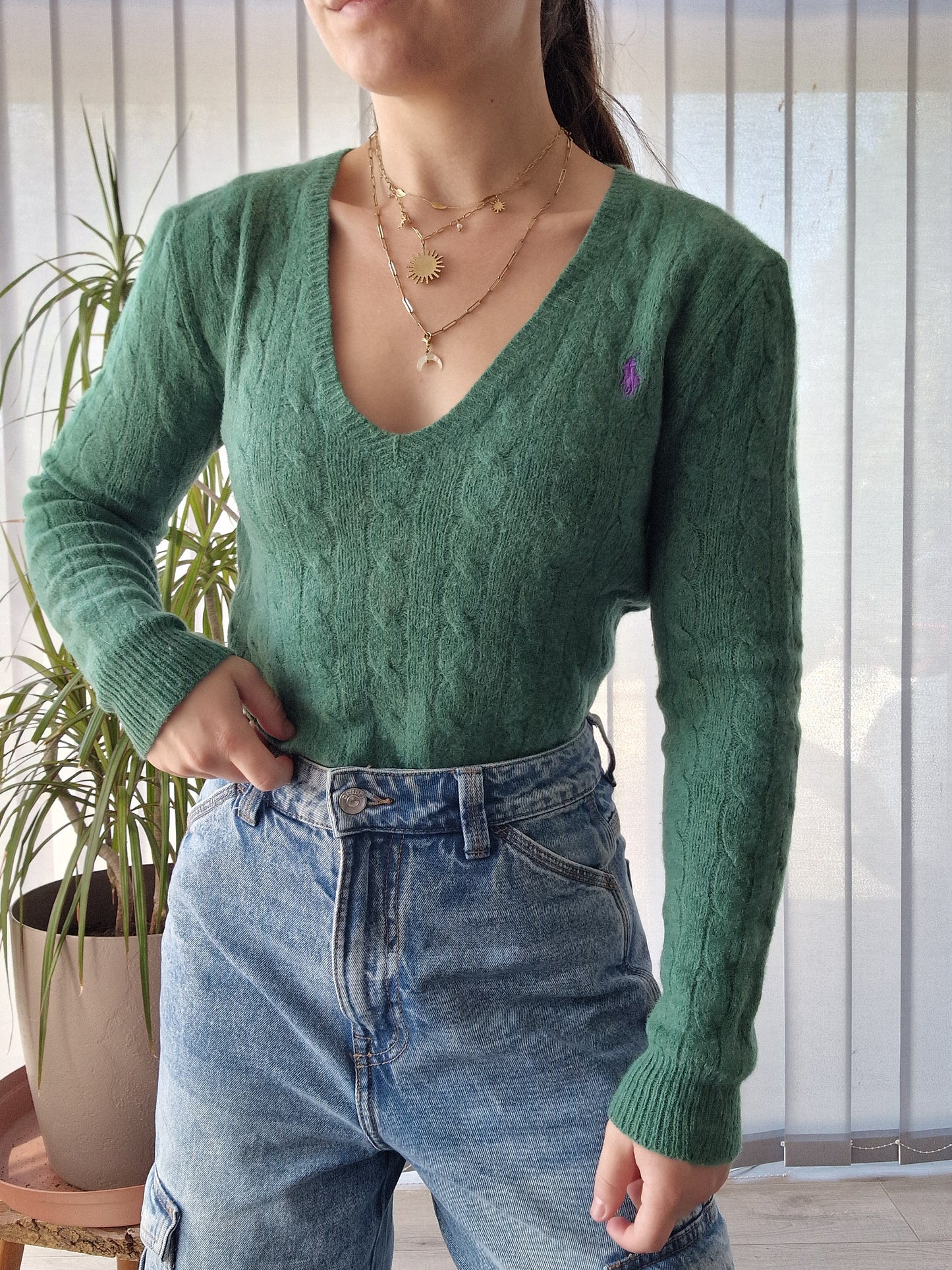 Pull col V en maille torsadée vert - XS/34