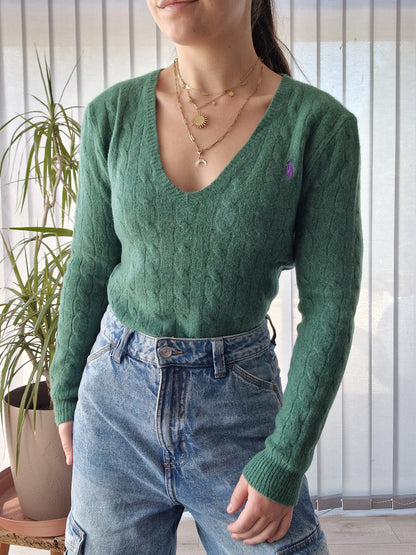 Pull col V en maille torsadée vert - XS/34