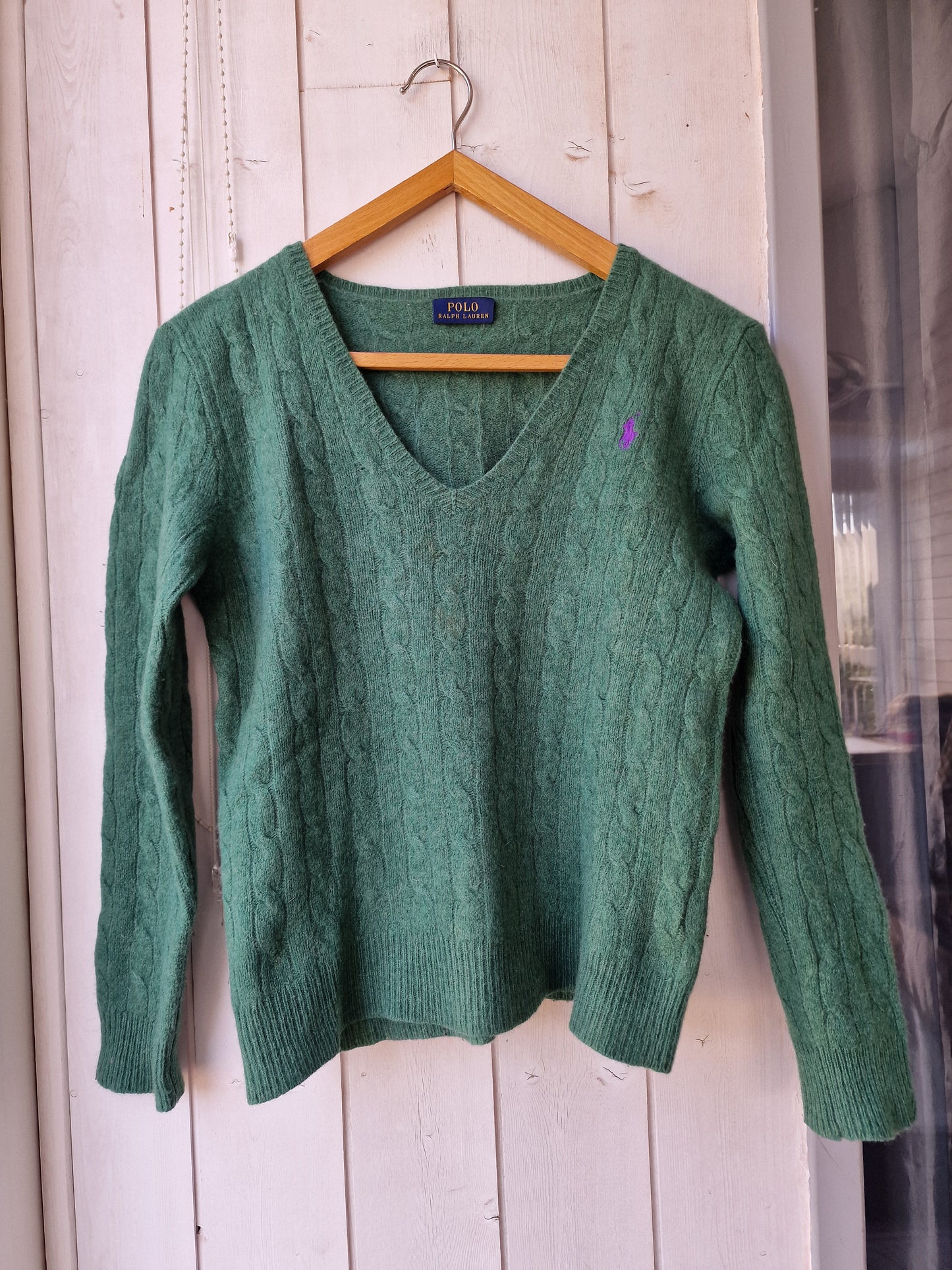 Pull col V en maille torsadée vert - XS/34