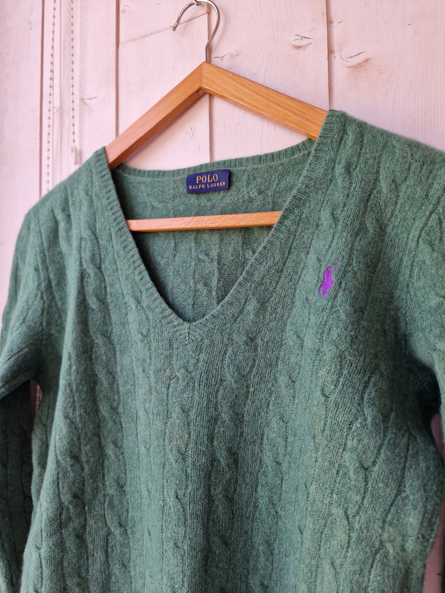 Pull col V en maille torsadée vert - XS/34