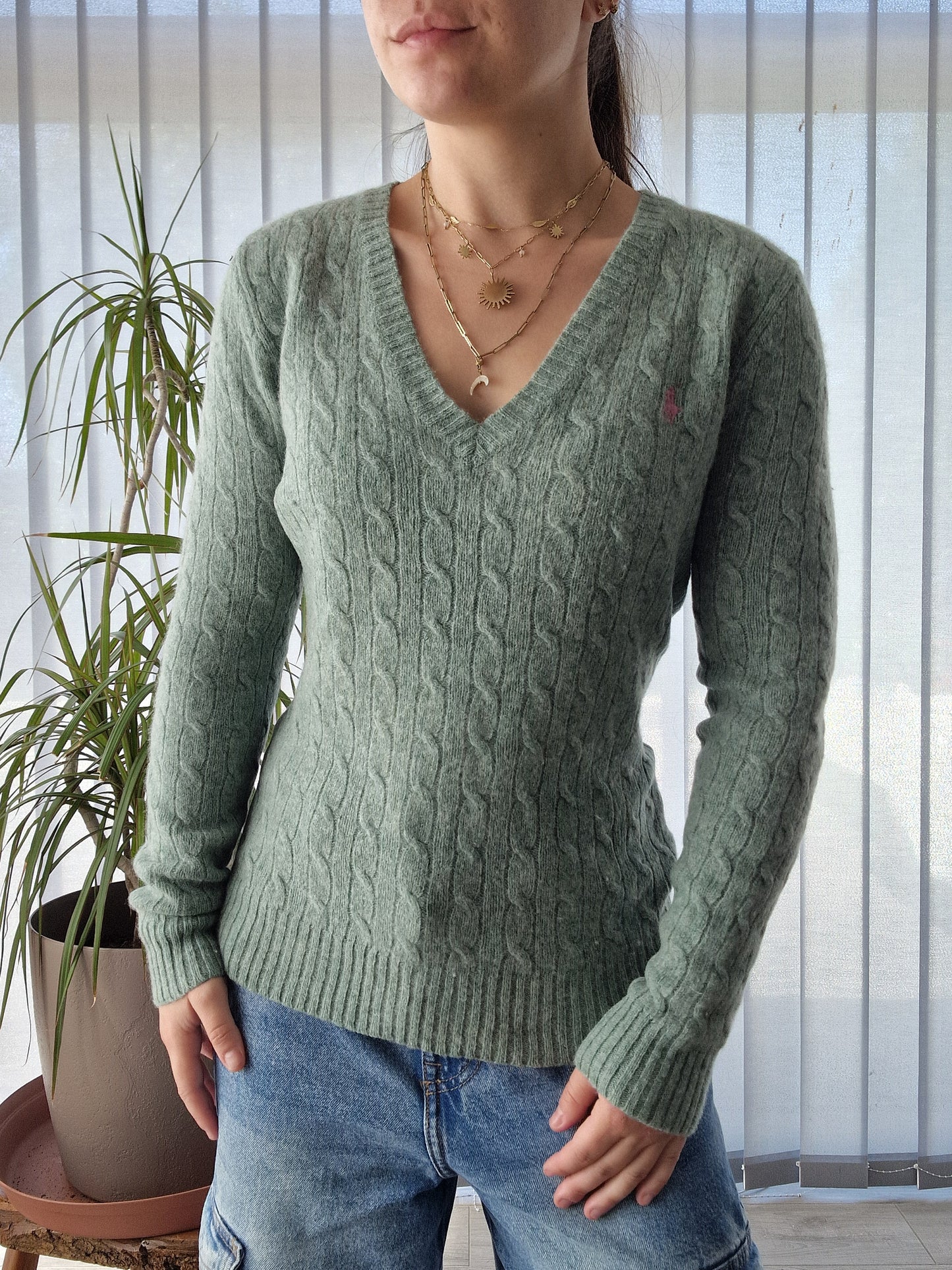 Pull col V en maille torsadée vert - XS/S