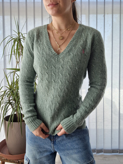 Pull col V en maille torsadée vert - XS/S