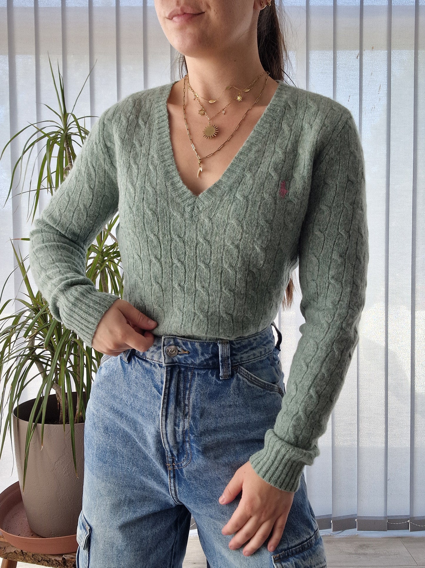 Pull col V en maille torsadée vert - XS/S