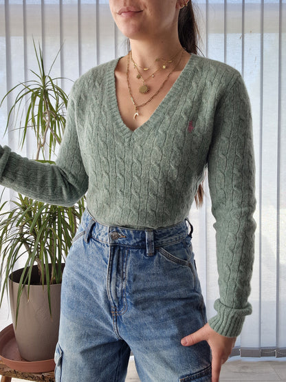 Pull col V en maille torsadée vert - XS/S