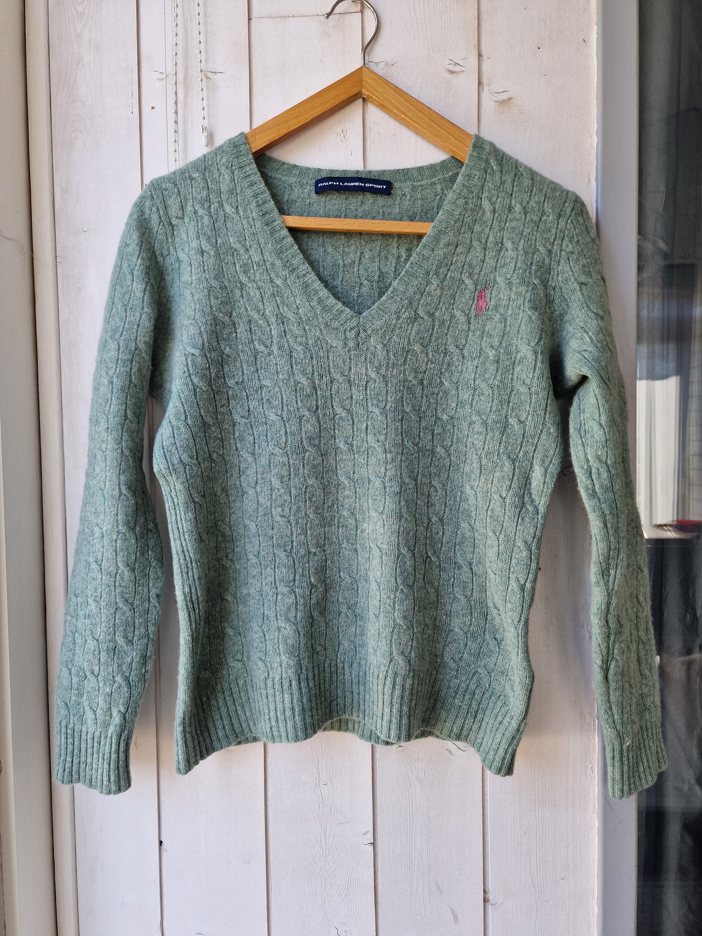 Pull col V en maille torsadée vert - XS/S