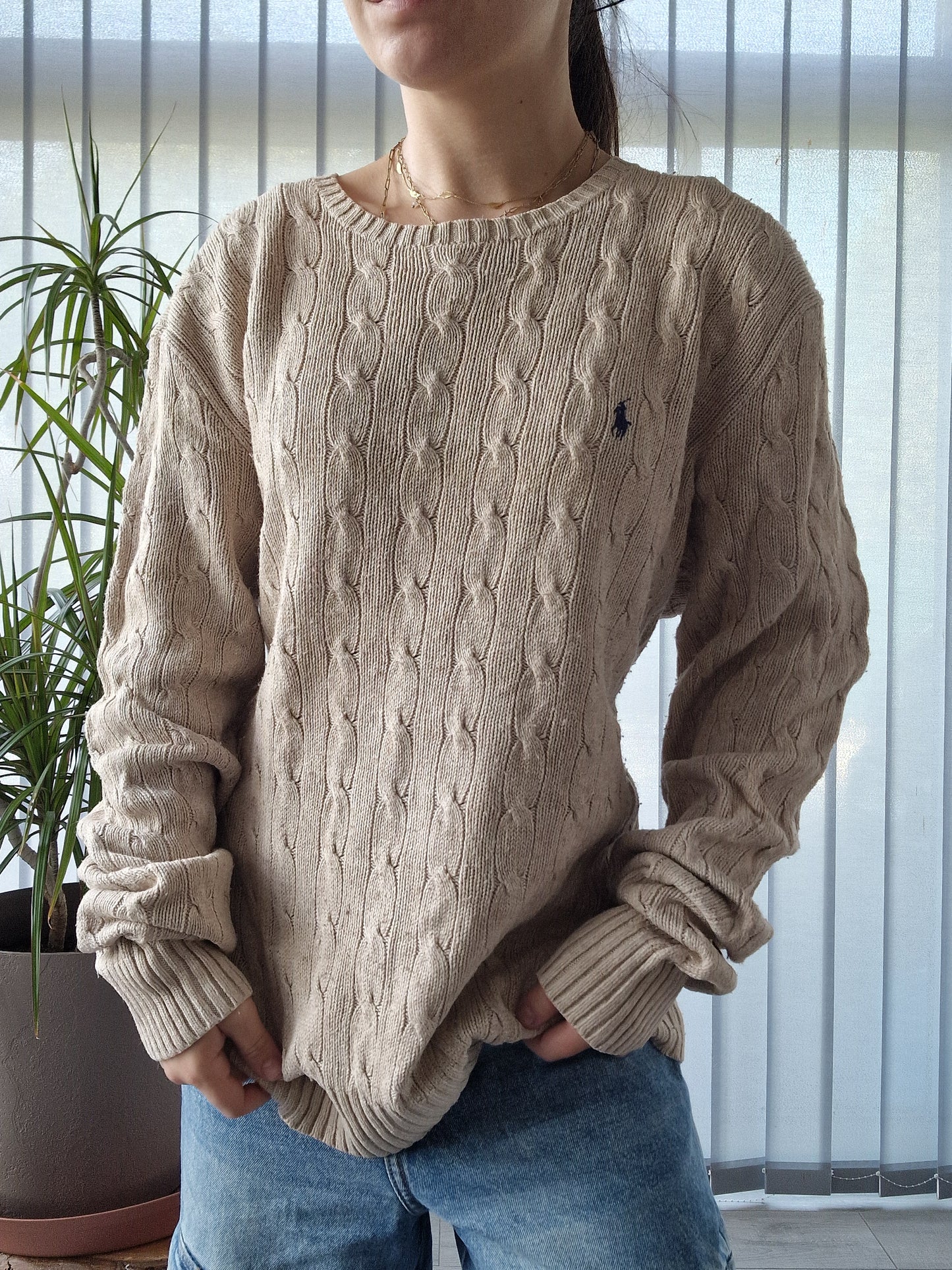 Pull HOMME en maille torsadée en soie beige - L/40