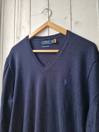 Pull col V marine en laine - XL/42