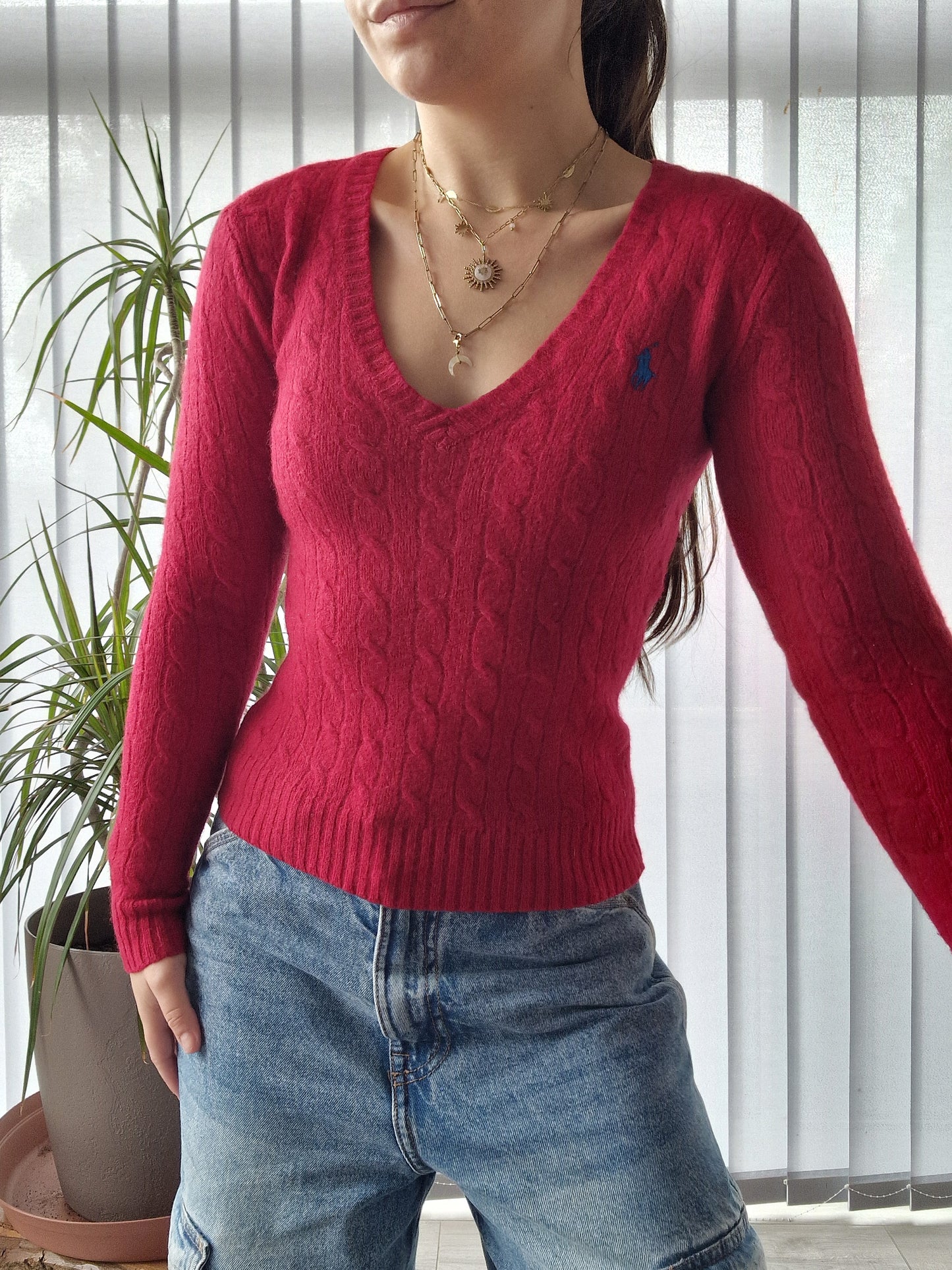 Pull col V en maille torsadée moulant rouge - XS/34