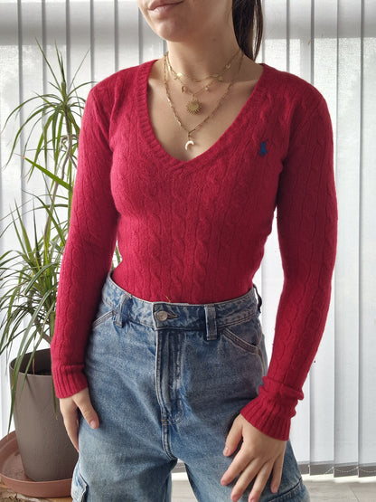 Pull col V en maille torsadée moulant rouge - XS/34