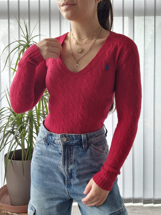 Pull col V en maille torsadée moulant rouge - XS/34