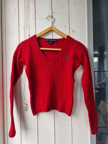 Pull col V en maille torsadée moulant rouge - XS/34