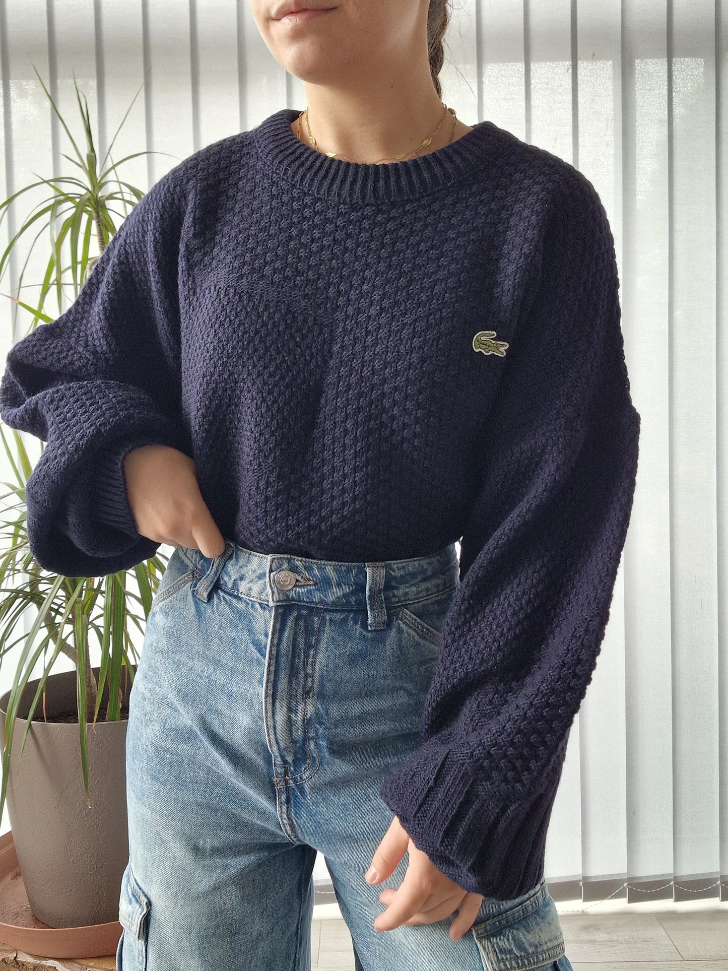 Pull en grosse maille bleu marine des années 80' - XL/42