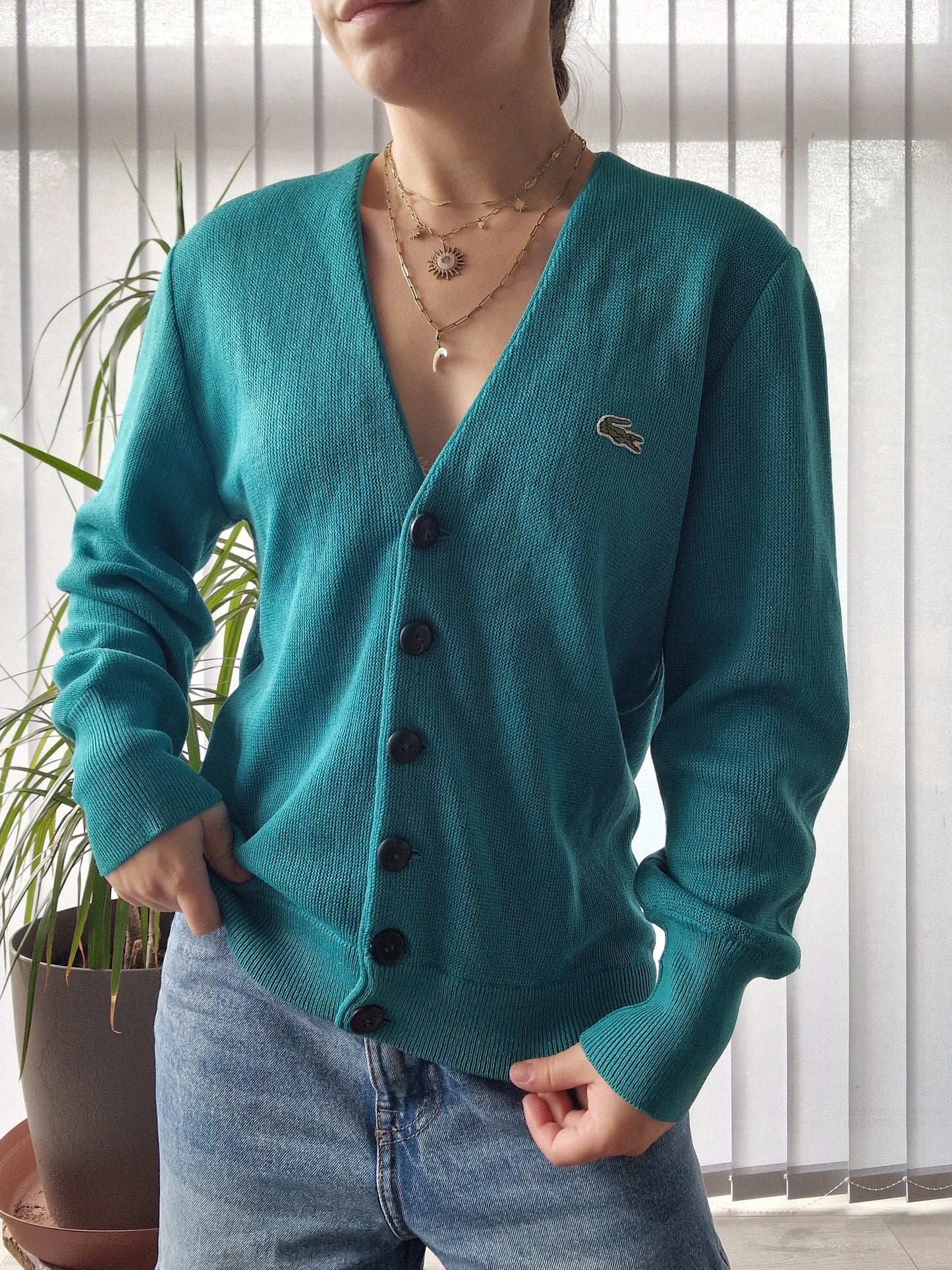 Cardigan turquoise des années 80' fabriqué en Espagne Lacoste - S/36