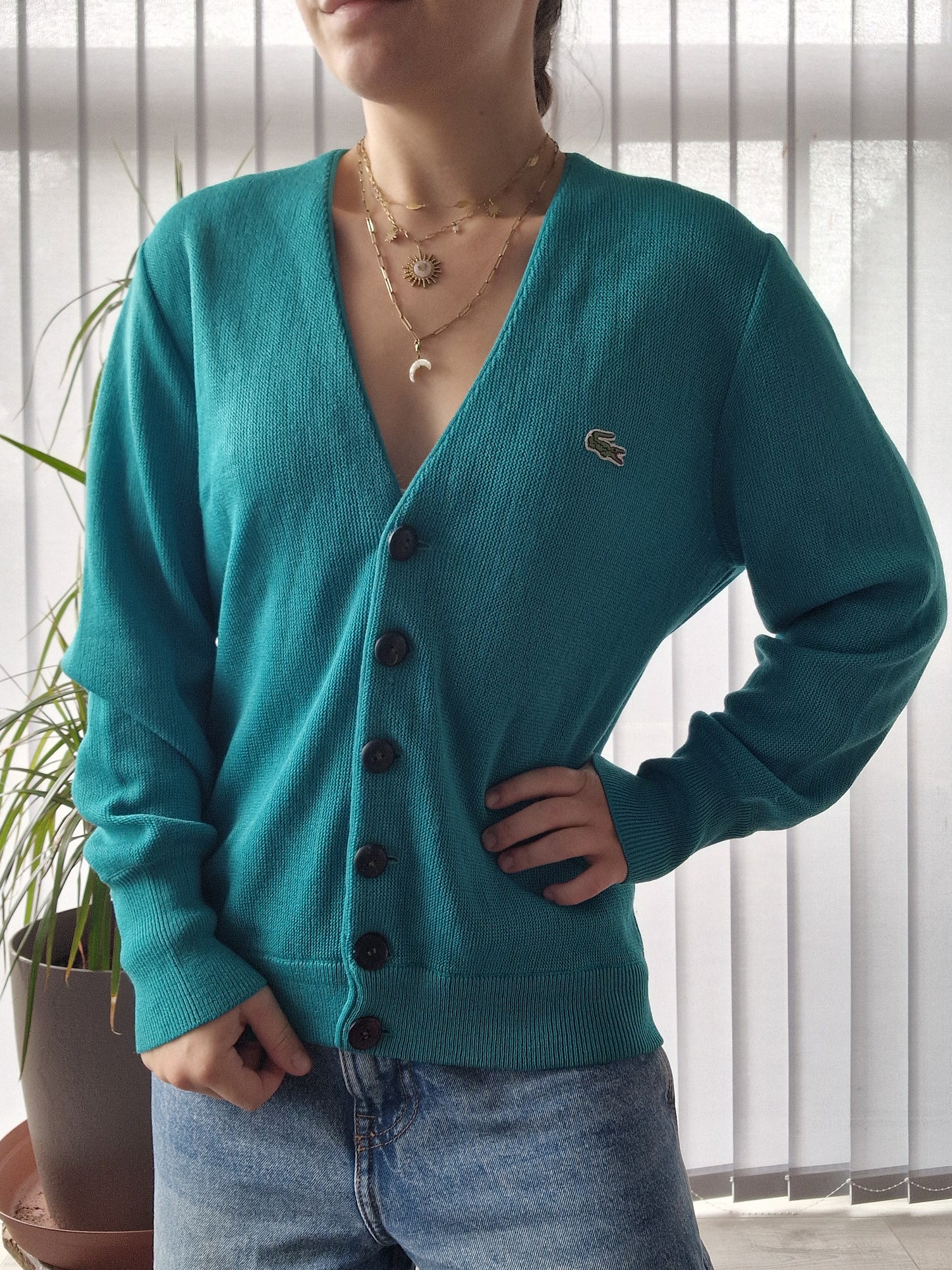 Cardigan turquoise des années 80' fabriqué en Espagne Lacoste - S/36