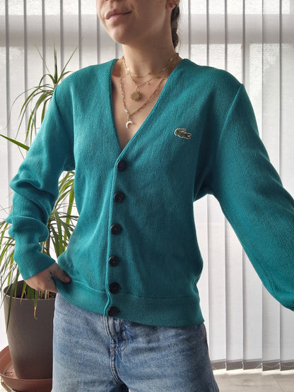 Cardigan turquoise des années 80' fabriqué en Espagne Lacoste - S/36